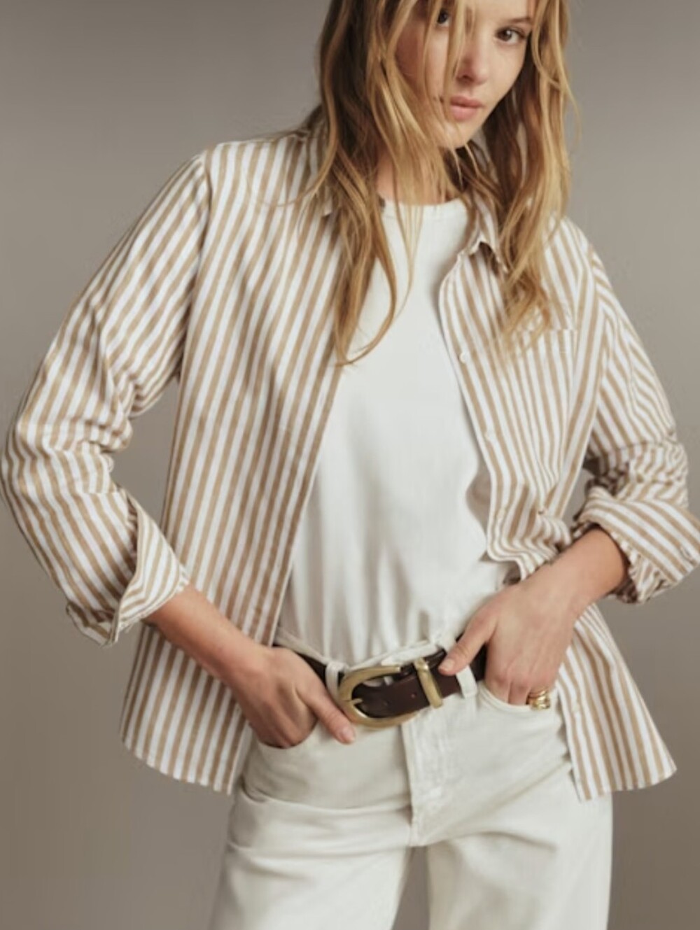 Sezane Tomboy Shirt Ecru-Camel Stripe size 38